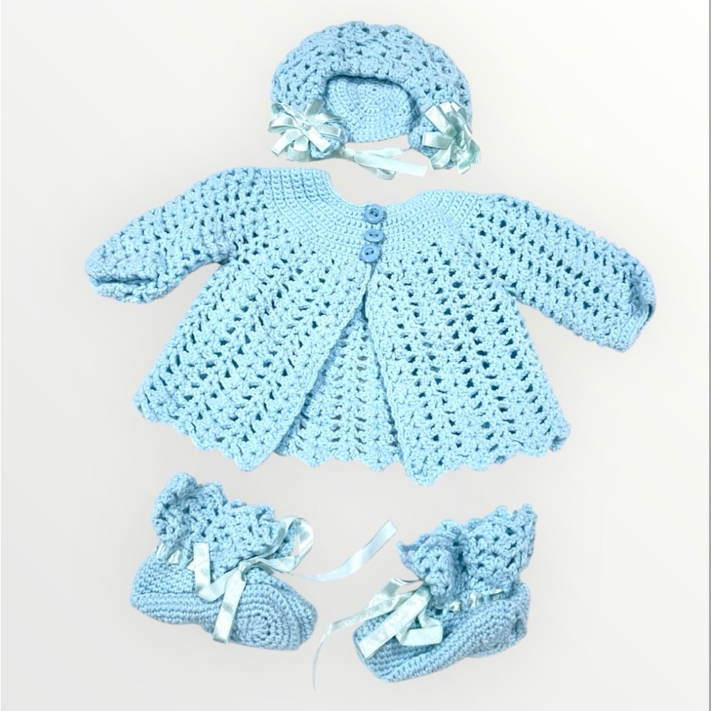 Handmade Baby Crochet Cardigan and Bonnet in Light Blue